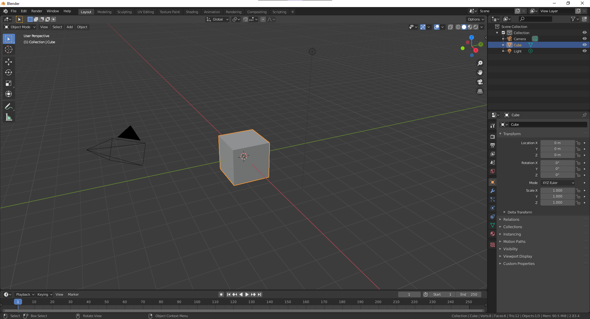Interface of Blender with it's default cube